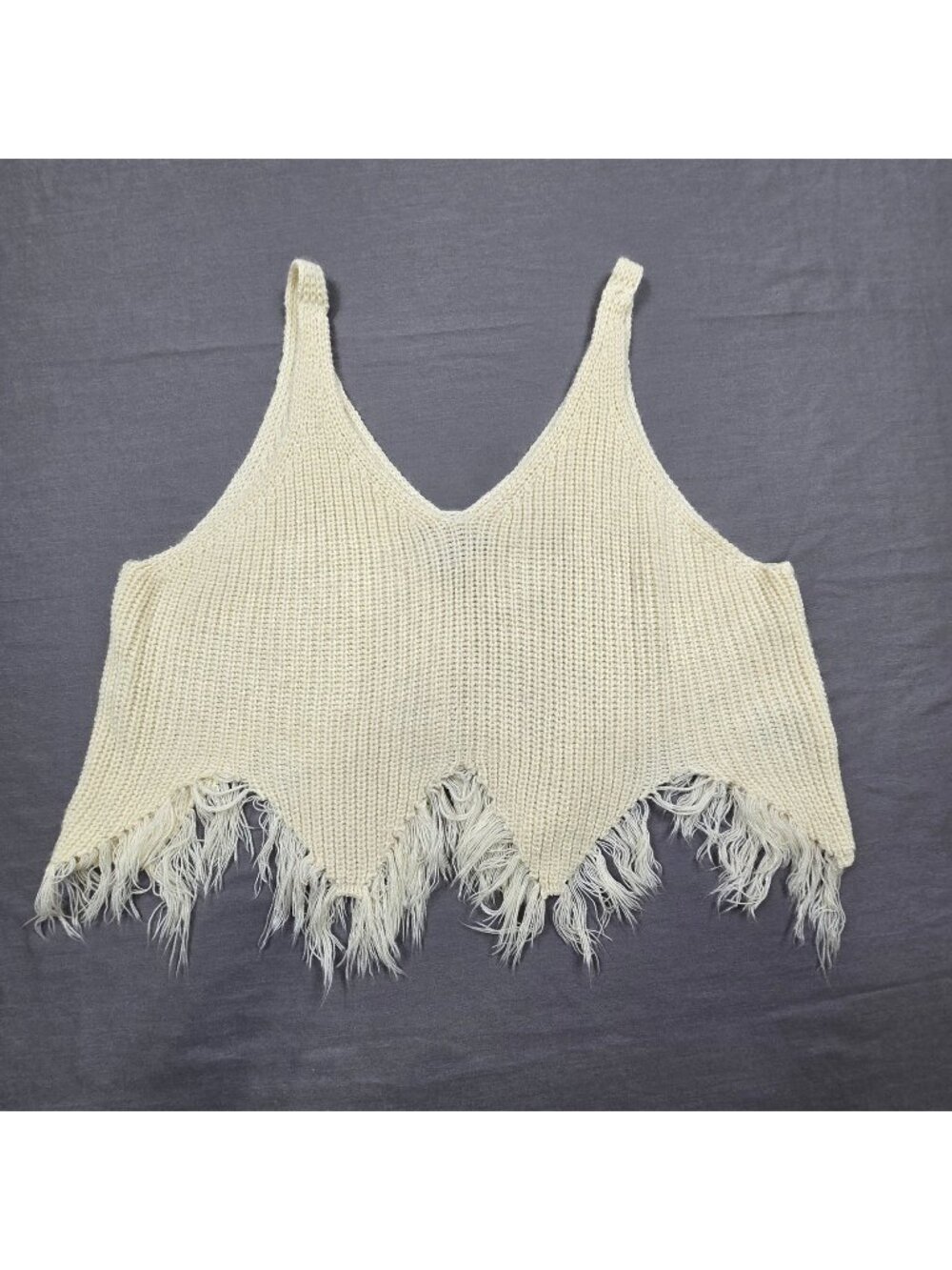 Rock & Roll Denim XL Cropped Fringe Hem Knit Tank Beige Boho Festival Boxy